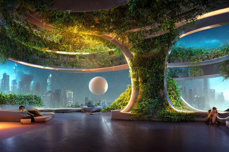 Prompt: extremely detailed awe stunning beautiful futuristic smooth curvilinear city apartment interior at night, translucent orbs, hyper real, greenery, 8k, colorful, 3D cinematic volumetric light, atmospheric light, studio ghibli inspired, high contrast, epic composition, sci-fi, dreamlike, surreal, angelic,