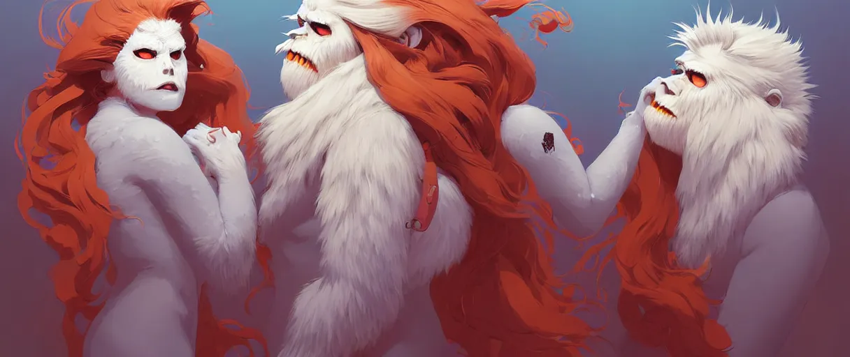 Image similar to beautiful artistic - wave highly detailed portrait female yeti and bigfoot, with kitsune mask, long red hair, by atey ghailan, by greg rutkowski, by greg tocchini, by james gilleard, by joe fenton, by kaethe butcher, dynamic lighting, gradient light blue, brown, blonde cream and white color scheme, grunge aesthetic