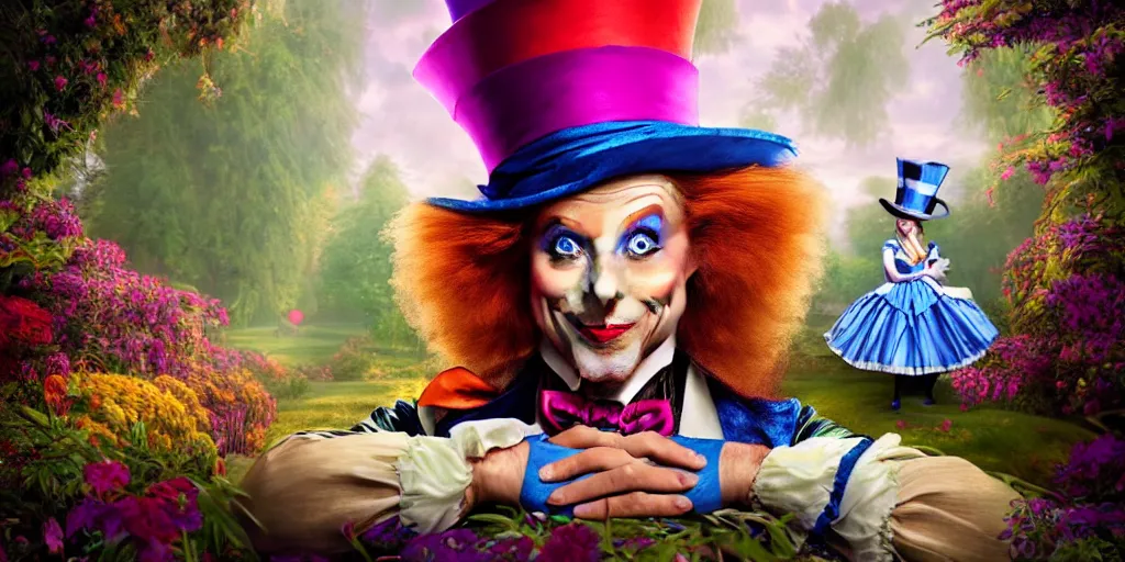 Prompt: The Mad Hatter, Alice in wonderland, colorful, wide angle, super highly detailed, professional digital painting, artstation, concept art, smooth, sharp focus, no blur, no dof, extreme illustration, Unreal Engine 5, Photorealism, HD quality, 8k resolution, cinema 4d, 3D, beautiful, cinematic, art by artgerm and greg rutkowski and alphonse mucha and loish and WLOP