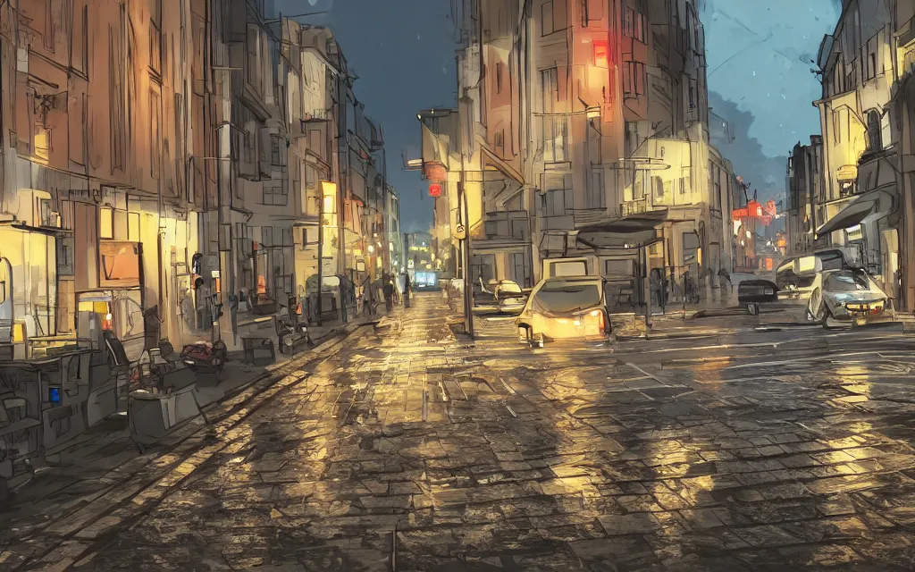 Prompt: concept art, wet helsinki street at night, in the style of grand theft auto