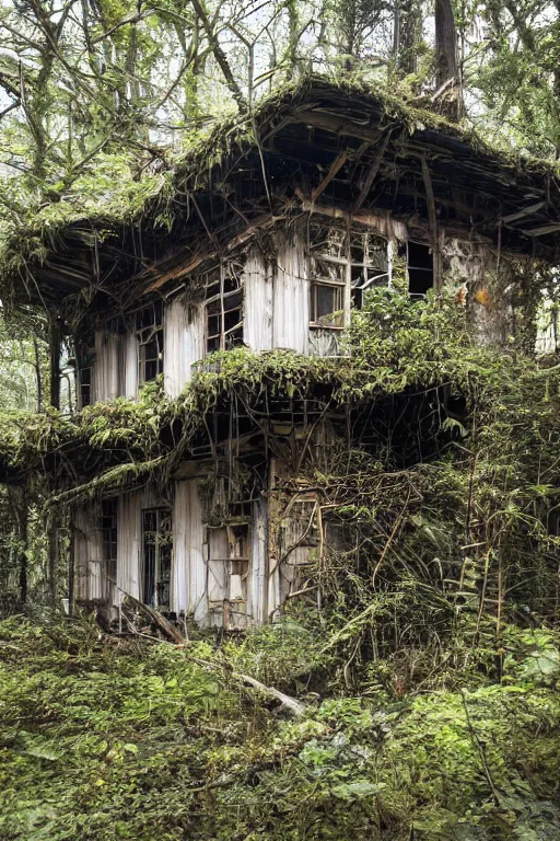 Image similar to a photo of an abandoned and overgrown ramshackle multistory hut in the woods, intricate, elegant, fantasy, highly detailed, sharp focus