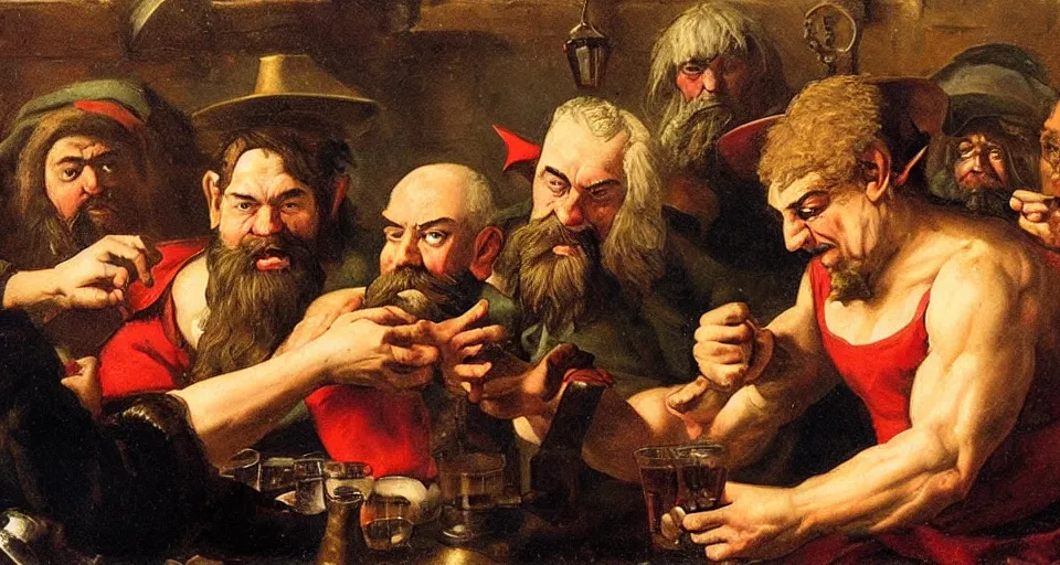 Prompt: Baroque painting of a dwarf armwrestling an elf in front of drunken onlookers at a tavern.