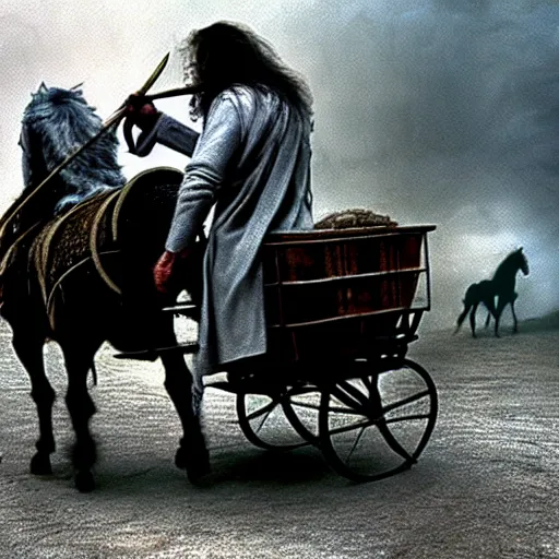 Image similar to gandalf riding in a cart being pulled by a horse, style of h. r. giger, cinematic, movie still, cgi, directed by ridley scott