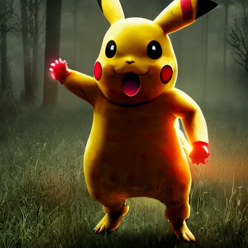 Image similar to 3 d realistic bloody pikachu eating a survivor from the game dead by daylight, dark lighting and heavy fog, videogame screenshot of mori animation