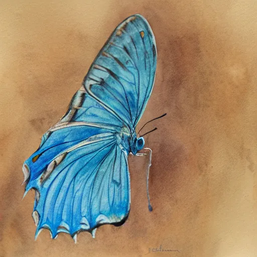 Image similar to A realistic watercolour painting of a blue morpho, fine detail, washed out background