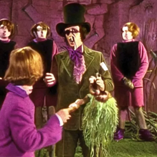 Prompt: film still of the ritual sacrifice scene from willy wonka & the chocolate factory (1971)