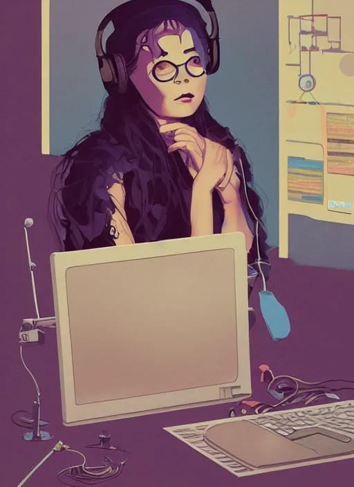 Image similar to poster artwork by Michael Whelan, Bob Larkin and Tomer Hanuka, Karol Bak of musical hero Bjork, sitting at her laptop, recording a new song, simple illustration, domestic, nostalgic, from scene from ghibli, clean