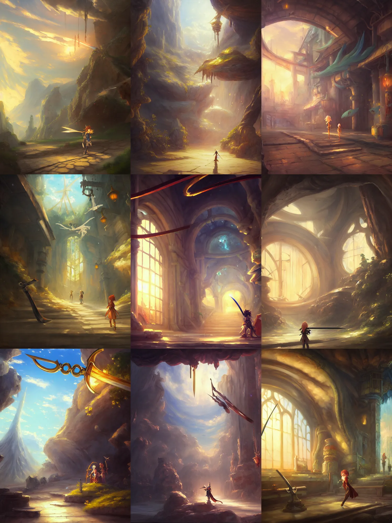 Prompt: classical oil painting of anime environment concept art featuring a sword enchanted with wind and energy, weapon shop interior, legendary item, shelf, fantasy, trending on artstation, stylistic, brush strokes, oil, canvas, by kawacy and makoto shinkai
