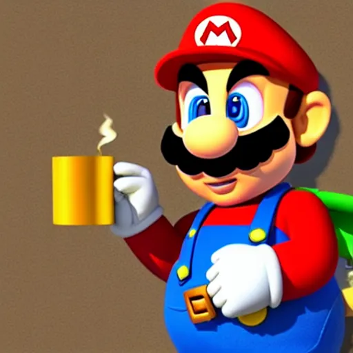 Image similar to super mario drinking bourbon and smoking a joint, realistic, defined