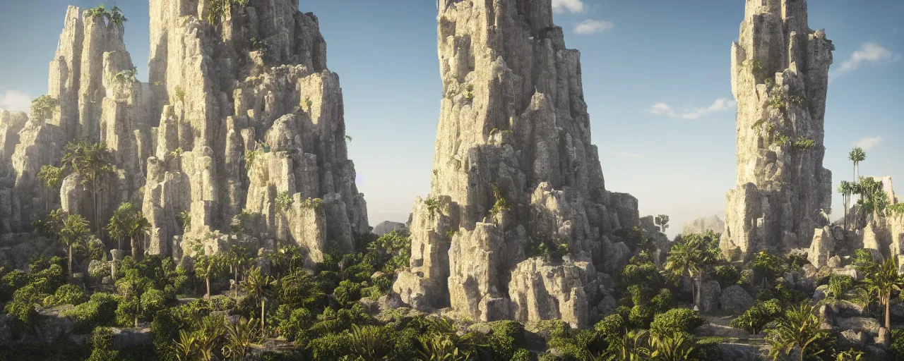 Prompt: single tower, golden babylon tower, beight stone, sacred ancient architecture, hanging gardens, cascading highrise, arid mountains with lush palm forest, sunlight, post - production, octane, cgi, sfx