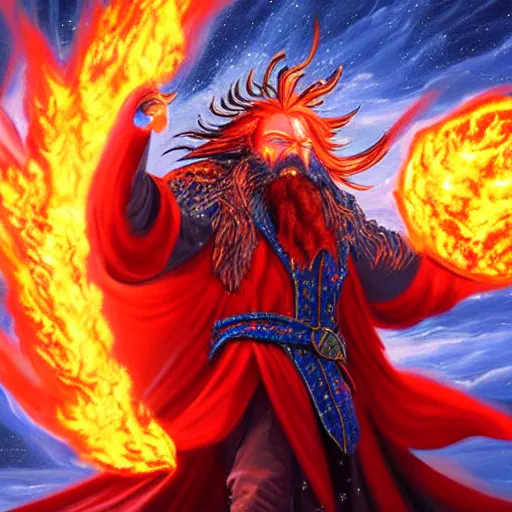 Image similar to Highly detailed oil painting, concept art, of a wizard casting a fireball spell, fighting against a huge ice giant, red and blue color scheme, concept art, highly detailed.