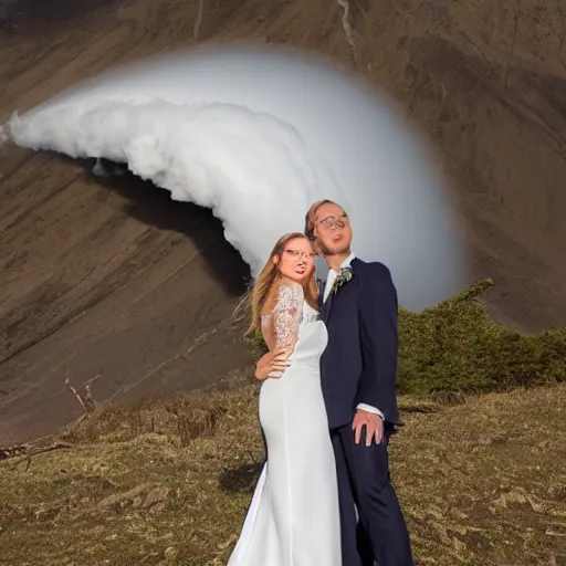 Prompt: a tornado in a wedding dress marrying a volcano in a wedding dress, professional wedding photography, 8 k photo