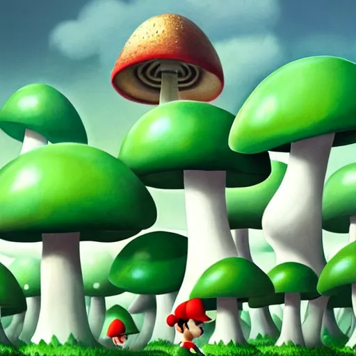Image similar to mushroom kingdom from mario, digital art, giant green and white mushrooms, irina french, heraldo ortega, mandy jurgens trending on artstation 8 k 1 5 0 mpx