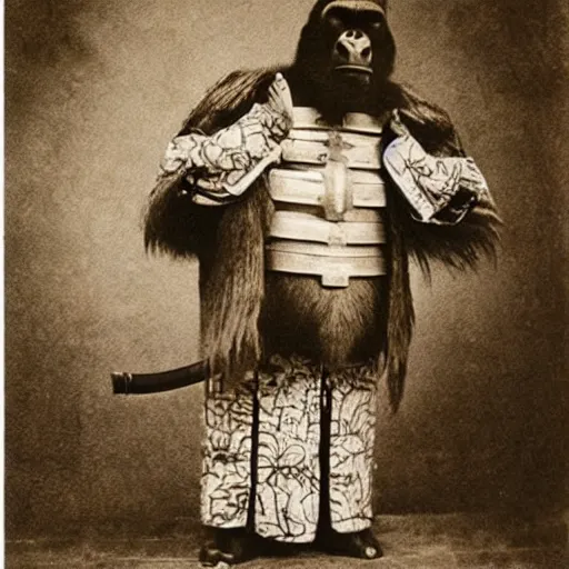 Image similar to “gorilla in full samurai outfit, 1900’s photo”