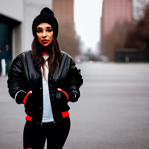 Prompt: Photograph of a mixed woman smoking, wearing a black beanie and black bomber jacket, urban environment, depth of field, 4k, 8k, hd, sigma 85mm f/1.4