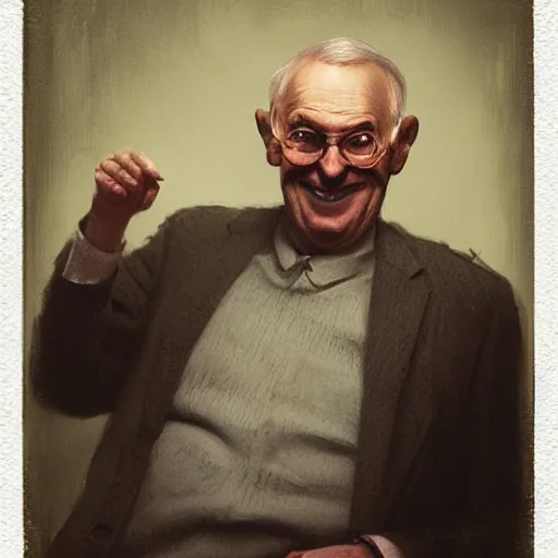 Image similar to Old man smiling to camera evil, portrait artwork by Sergey Kolesov, arstation, polaroide