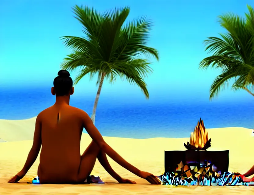 Prompt: gandhi at the beach sitting on the sand next to a campfire with palm trees in the back, 3 d render, official art, promotional art,