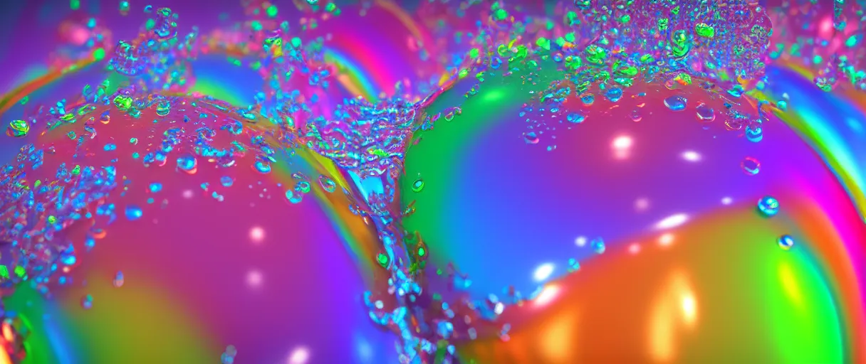 Image similar to surreal chrome rainbow bubbly liquid, 3 d octane render, reflective, raytracing, dynamic lighting, focus