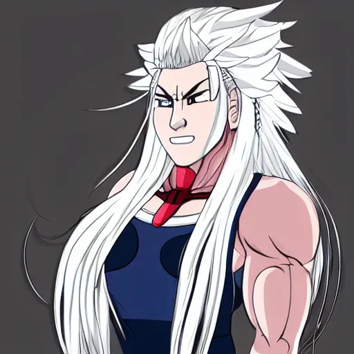 Image similar to sakura ogami from danganronpa, a female japanese gigachad with long white hair, lots of muscles, a feminine dress, and angular features