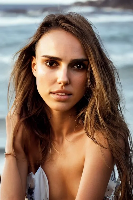 Image similar to a photo of a girl half Nathalie Portman half Jessica Alba at beach, portrait at beach, 3/4 view, amber eyes, a shy face, the sea in the background, Refined, Detailed professional photo, 50mm lens, Canon eos, soft an diffuse lights, autumn light, blurry distant background, Highly Detailed, Cinematic Lighting, Unreal Engine, 8k, HD