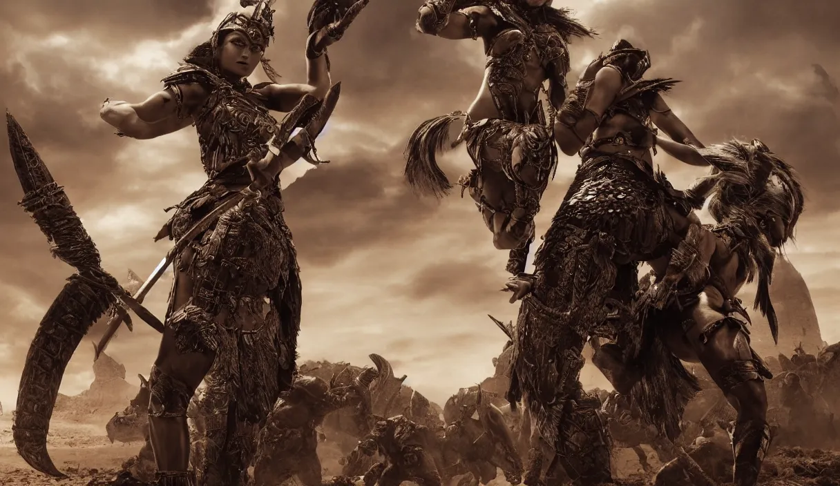 Image similar to long distance photo of ancient tribewoman standing against barbarians, in armor from monster hunter, attacking barbarian horde in the background, back shot, muscular bodies, dramatic lighting, cinematic, establishing shot, extremely high detail, photorealistic, 300 the movie,monster hunter the movie, dune the movie, cinematic lighting, artstation, octane render, western,old photo, vintage