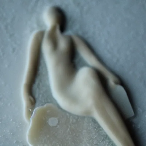 Image similar to salt sculpture made of salt shaped like a 30 year old woman in ancient Canaanite clothing, cracked desert background. somber. haunting. 40mm lens, shallow depth of field, split lighting