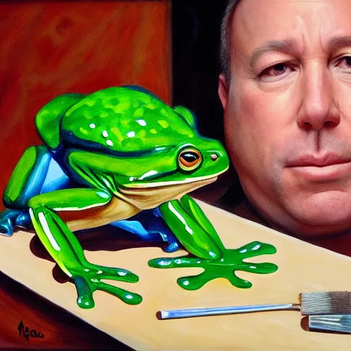 Prompt: Alex Jones with frog legs, painting