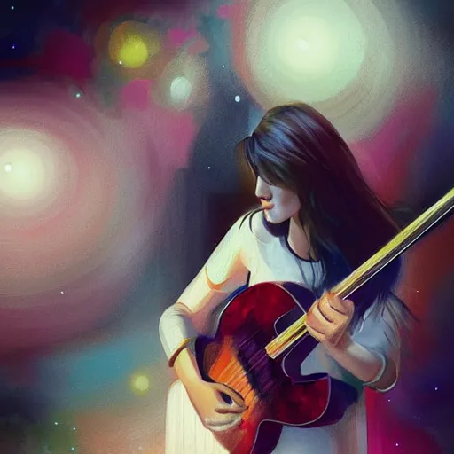 Image similar to women playing guitar, many television sets in the background, art poster, art nuevo, artstation, details, fog, futuristic