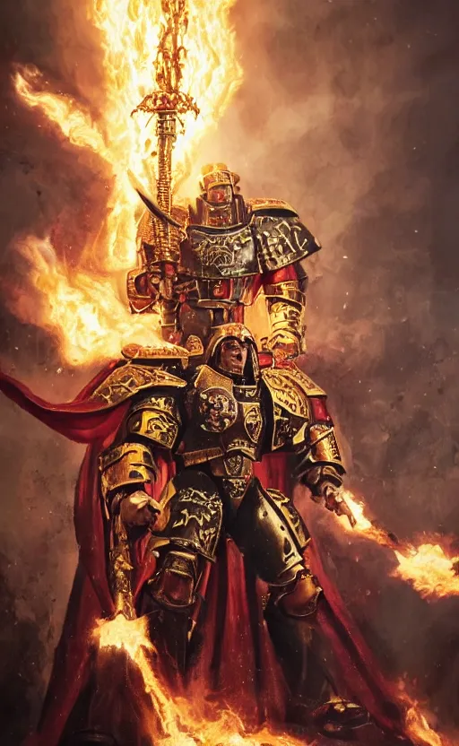 Image similar to 10 foot tall Henry Cavill as warhammer 40k Emperor of Mankind dressed in his golden power armor holding a flaming sword in his right hand. full-length portrait, beautiful face, long hair, painted by Donato Giancarlo and Annie Liebowitz, fine details, cinematic, highly detailed, octane render