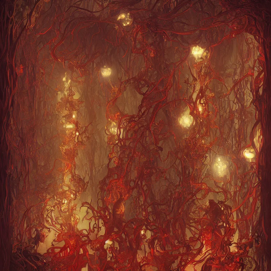 Prompt: fungus monsters by john sweeney and chris mars, red veins by alphonse mucha, intense lighting, light beams, lens flare, intricate, elegant, nightmare, highly detailed, digital painting, artstation, concept art, smooth, sharp focus, illustration