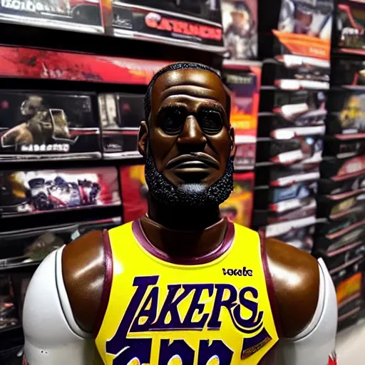 Prompt: lebron james promotional statue inside a gamestop