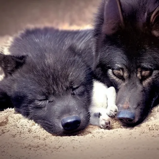 Prompt: big black wolf with little black wolf puppy, sleeping, cute, peaceful