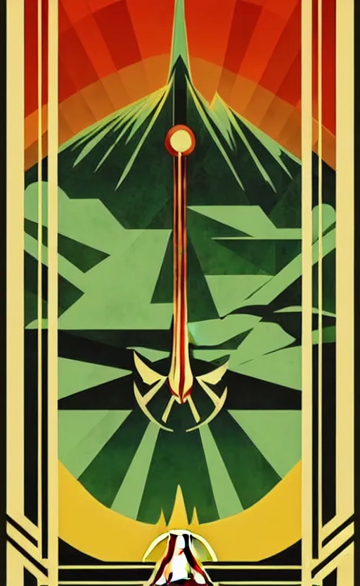 Image similar to art deco travel poster. hyrule field legend of zelda ocarina of time