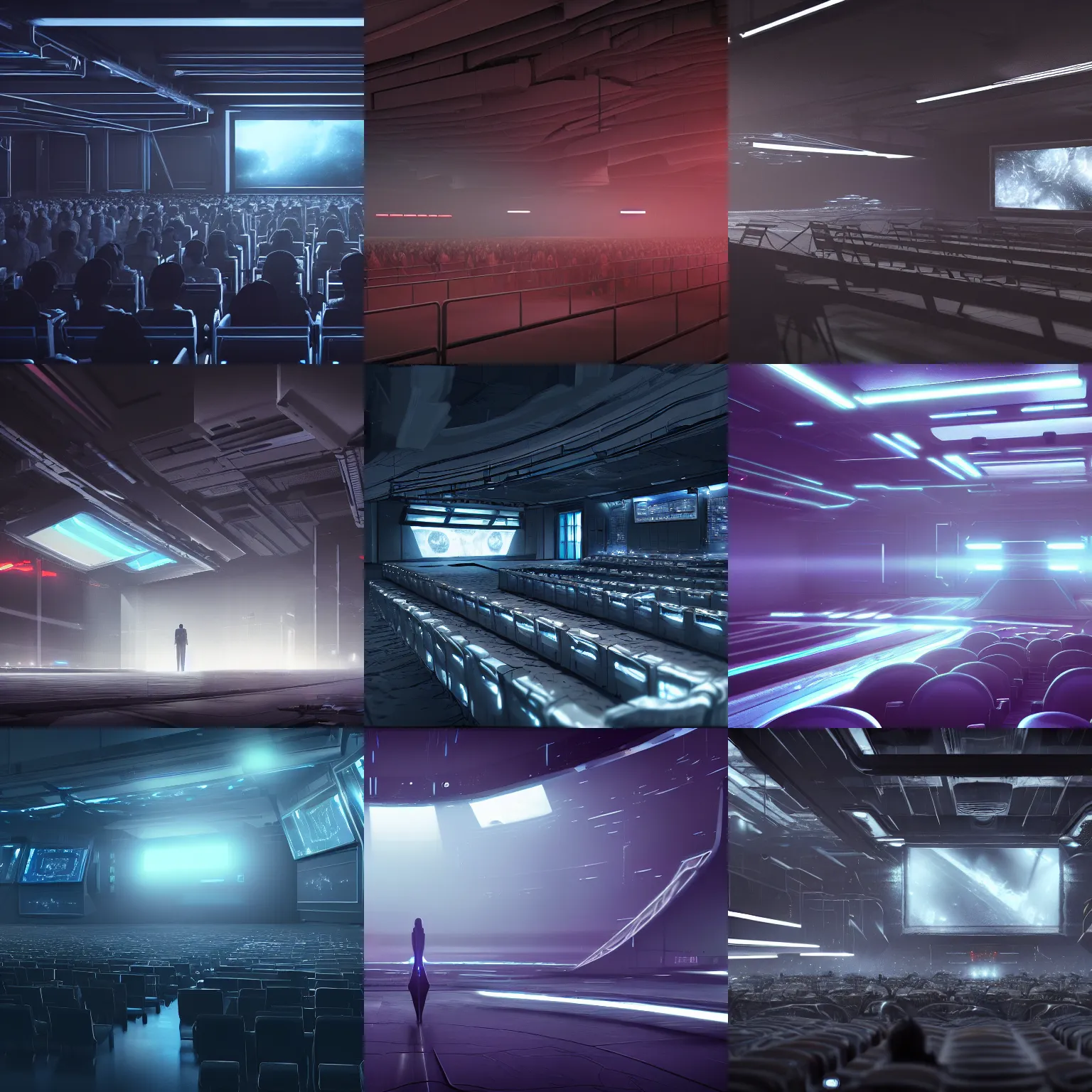Prompt: digital concept art of a [ very small ] dark futuristic show venue with a large bright screen in front of twenty people, grey, realistic, octane render, high detail, environment, sharp focus, artstation