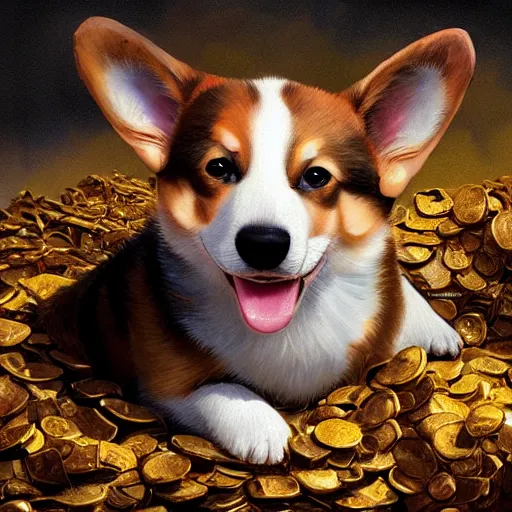 Prompt: a mischievous corgi puppy lying on top of a pile of stolen golden treasure, inspired by smaug from lord of the rings, extremely detailed digital illustration, hyperrealistic, fantasy, greg rutkowski, artgerm, trending on artstation