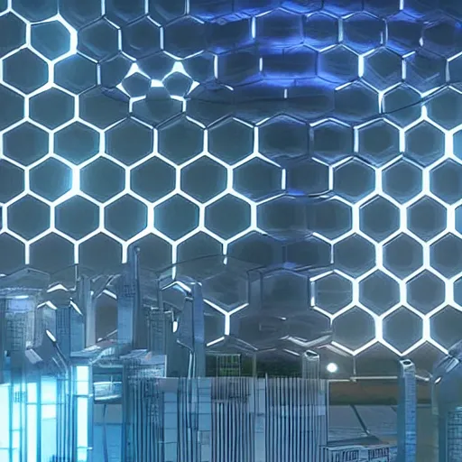 Image similar to a flat building existing of hexagons from the movie tron : legacy