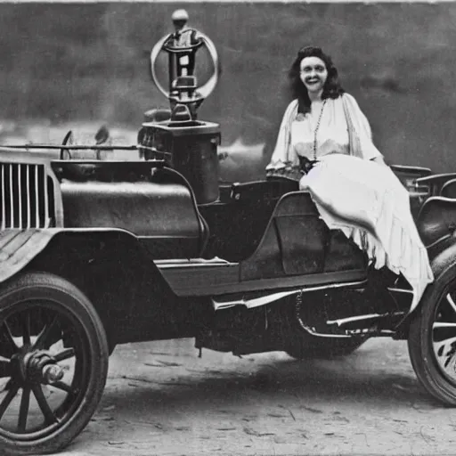 Image similar to an oldie car with wings and turbine, steam punk, black-white retro photo 1910, woman in front