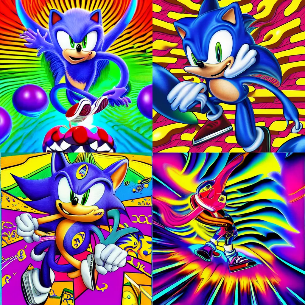 Prompt: surreal, sharp, detailed professional, high quality airbrush art MGMT album cover of a liquid dissolving LSD DMT sonic the hedgehog headshot surfing through cyberspace, purple checkerboard background, 1990s 1992 Sega Genesis video game album cover