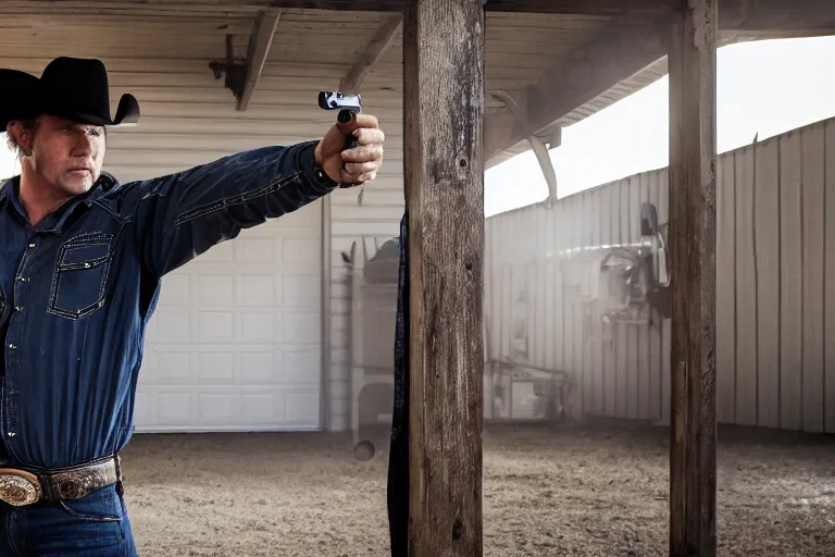 Image similar to film still of the main character cowboy standing holding a pistol in the garage scene in an action movie posing for the camera 2 0 2 0, 4 k wild west