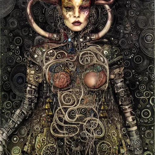 Prompt: horned cybernetic demon trapped in circuitry, intricate detail, klimt, royo,