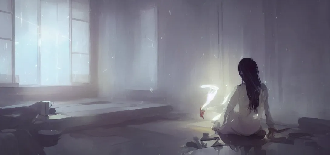 Image similar to Young Himalayan woman sitting concerned in an empty room with loneliness using psychic powers to make a lighter float| night time scene, plain walls |somber white eyes, long ashy hair | gentle lighting, futuristic, dim lighting, digital art by Makoto Shinkai ilya kuvshinov and Wojtek Fus, digital art, concept art,