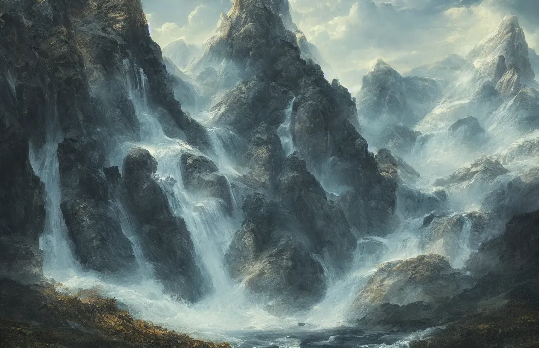 Image similar to a huge arc of a mountain far away in a hans - werner sahm inspired landscape, detailed dreamscape, hyperreal phantastic landscape, golden ratio, high aestehtic, waterfall cascades, cinematic light dramatic light, trending on artstation