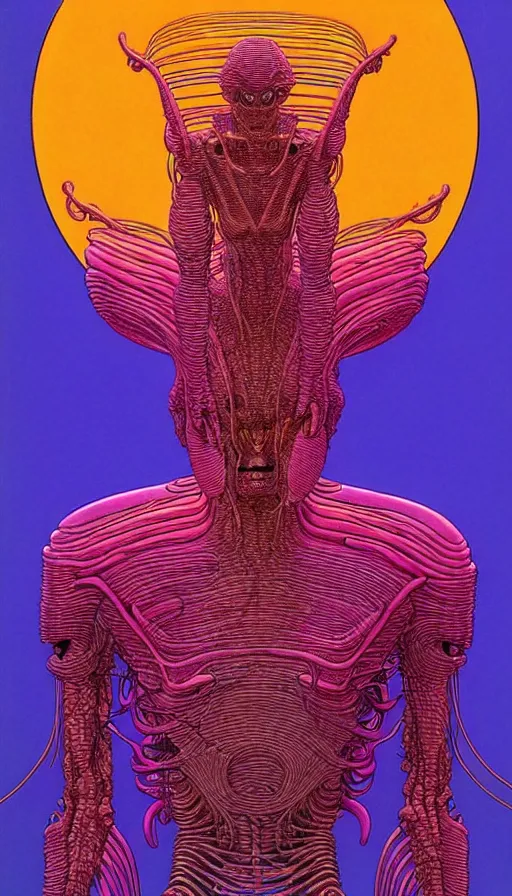 Image similar to ( ( ( ( a humanoid creature from another planet. ) ) ) ) by mœbius!!!!!!!!!!!!!!!!!!!!!!!!!!!, overdetailed art, colorful, artistic record jacket design