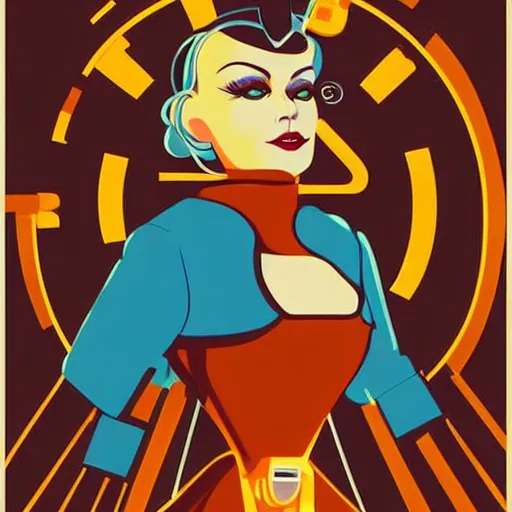 Prompt: retrofuturism poster of an anthropomorphic retro futuristic steampunk robot maid