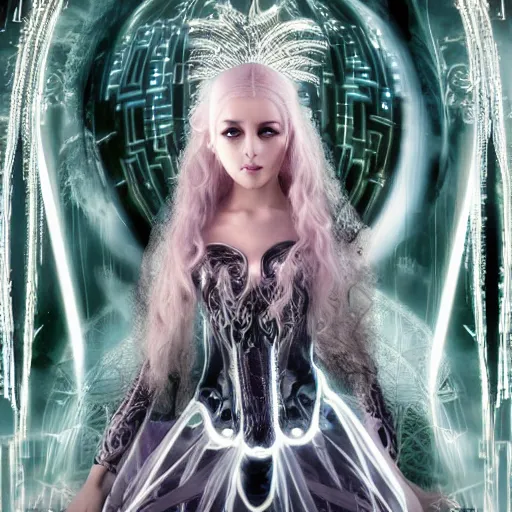 Prompt: A still of an ethereal, mysterious stunning maximalist mesmerizing elven girl from the rainbow sky paradise in Tron: Legacy (2010), high-tech, elegant, imposing, Victorian gothic lolita fashion, by Mark Ryden, artgerm, Hiroyuki-Mitsume Takahashi, WLOP, Goto Fujita, 奈良美智, Pixiv 3DCG, DAZ Studio, highly detailed, photorealistic, 8k resolution 3D, cinematic, dynamic lighting, octane render