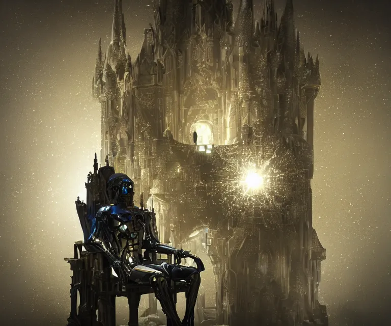 Image similar to translucent glowing cyborg sitting on a metal throne, futuristic castle as background, fantasy sci - fi, fine details, metallic, 2 0 0 mm focus, bokeh