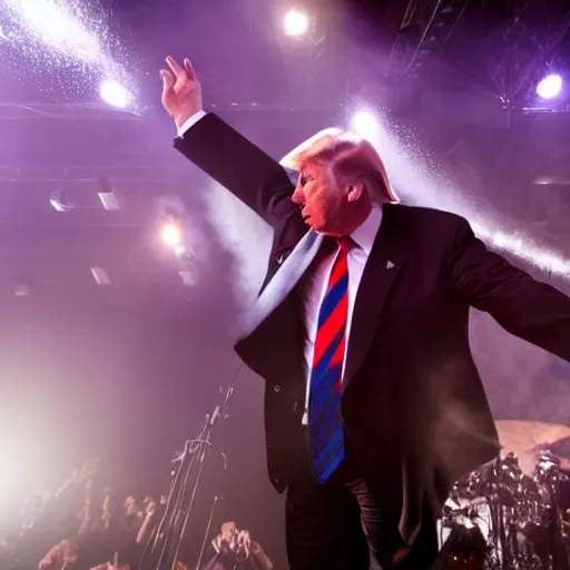 Image similar to donald trump headbanging on stage as the lead singer in a black metal band, full makeup, large crowd, 5 0 mm lens, volumetric lighting