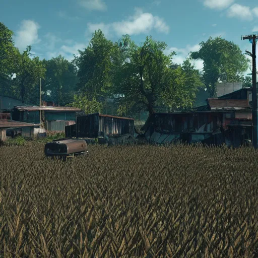 Image similar to sendai rice fields in ruins post - nuclear war in fallout 4, in game screenshot