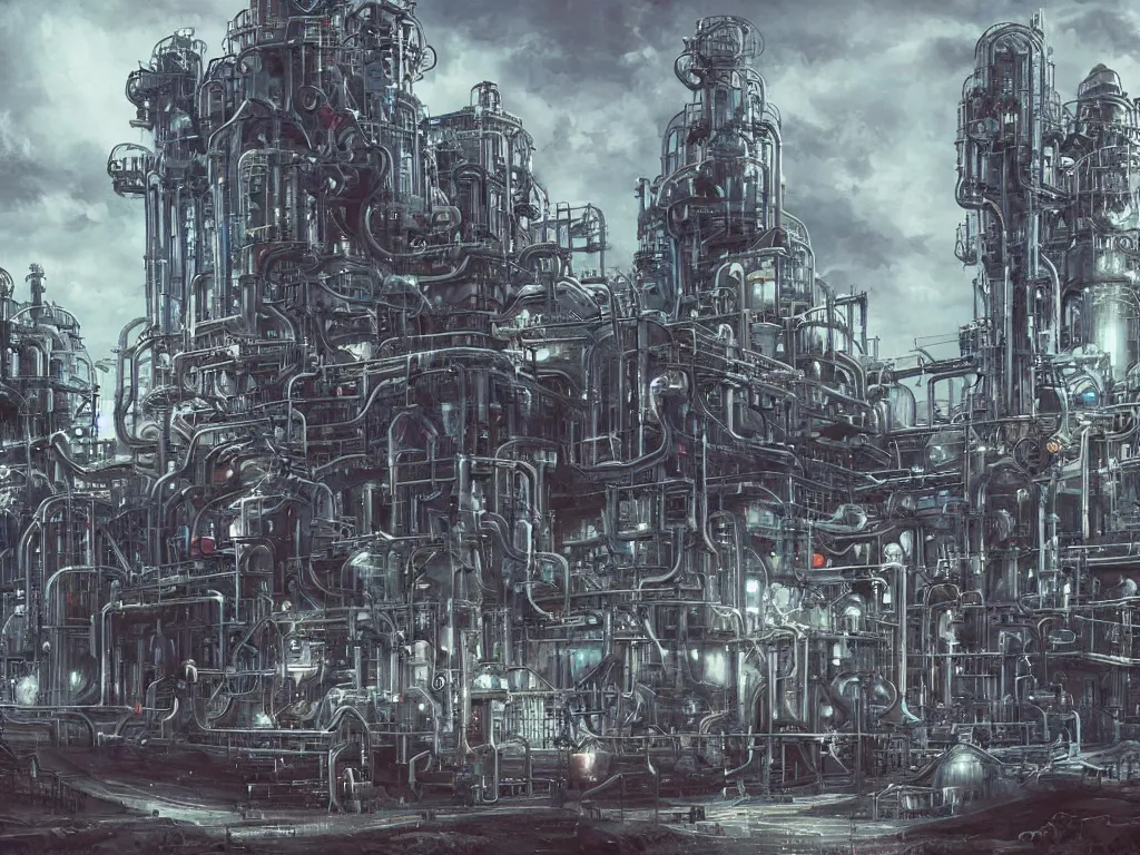 Prompt: futuristic chemical plant with gothic elements, fantasy painting, lots of detail, artstation, elegant, intricate