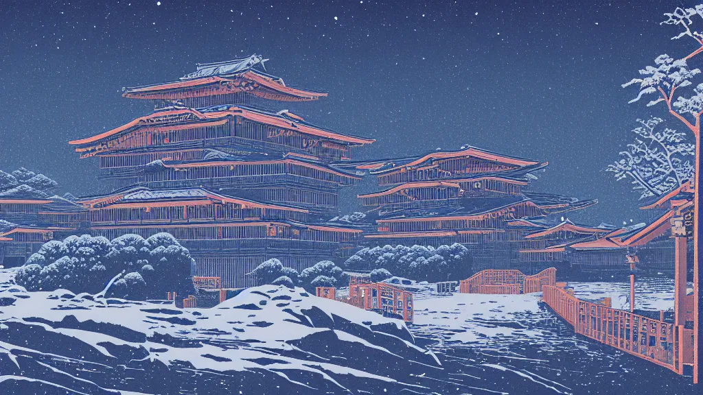 Image similar to A winter in hell, flat design, screen print by Kawase Hasui and dan hillier, 8k unreal engine